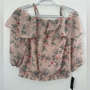 A. Byer Floral Ruffle Blouse - Pink and Green Size M